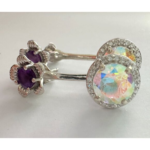 Amethyst Flower Stud Earrings with Beautiul (Removable) Rainbow Topaz Dangles - Picture 6 of 16